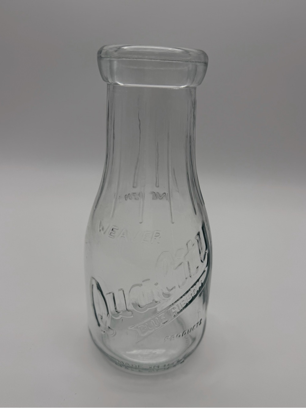 Clear Vintage Glass Milk Bottle "Weaver Quality Blue Ribbon"